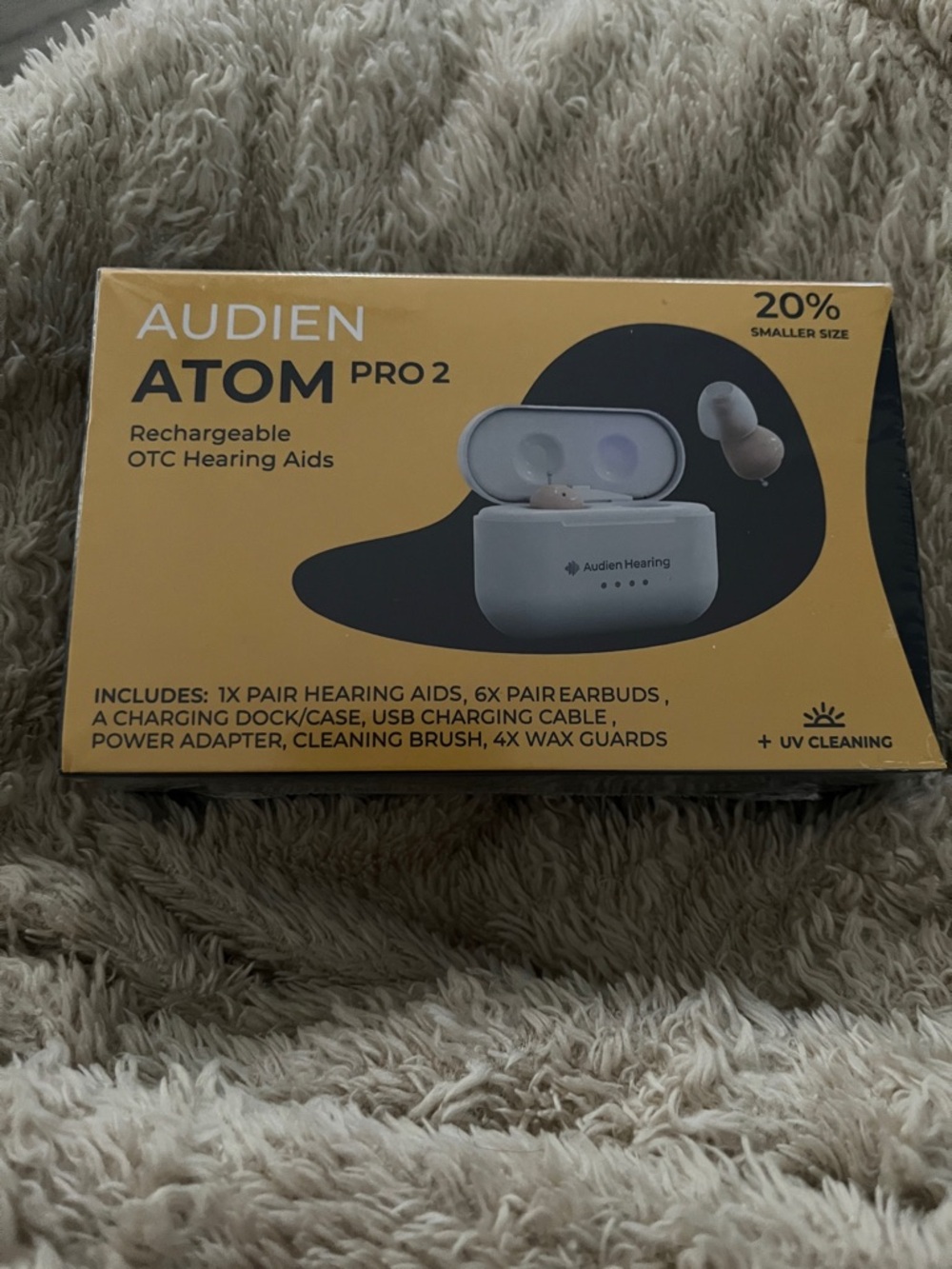Audien ATOM Pro 2 Rechargeable Hearing Aids - Yellow Box NEW IN SEALED BOX!
